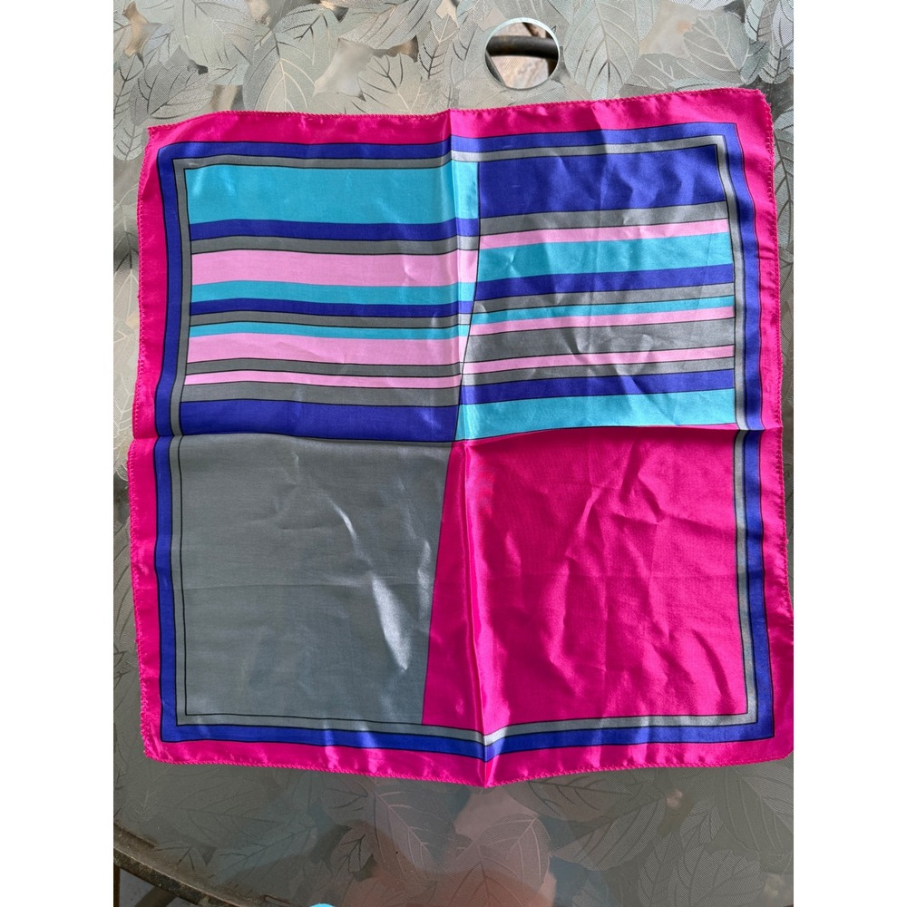 Vintage Geometric Satin Scarf Hot Pink Blue Gray Color Block 20" Square